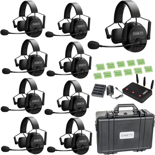 Came-TV Kuminik8 1.9GHz Wireless Intercom Headsets System Full Duplex Noise Cancellation Zero Latency 1500ft Single-Ear Headset for 9 People Team Communication