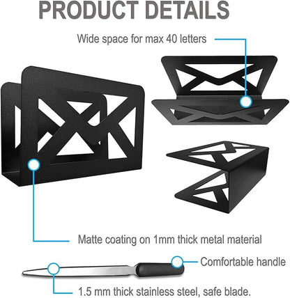 Black Metal Mail Holder, Countertop Letter Organizer with Letter Opener, Office Desktop Envelope Rack, Tabletop Document Stand (Sign)