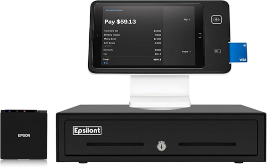 Square Register Hardware Bundle Compact -M10 2" Compact Receipt Printer, Epsilont Mini Cash Drawer, Stand for iPad USB-C 10.9" and 11.0"