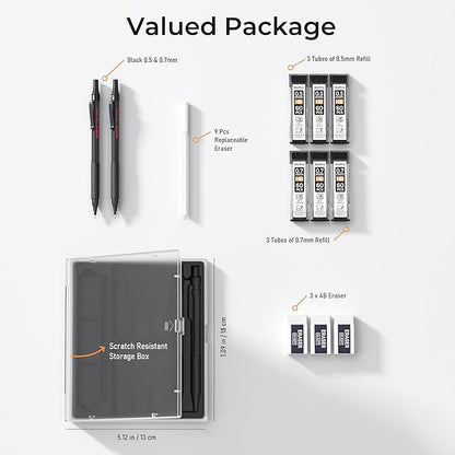 Nicpro 2 PCS Mechanical Pencil 0.5mm & 0.7 mm with Case, MP1000 Metal Artist Pencil Set with 4 Tubes HB Lead Refills, 2 Erasers, 9 Eraser Refills For Art Writing Drafting, Drawing, Sketch, Black