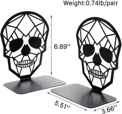 Metal Skull Design Black Bookend - Heavy-Duty Bookends for Shelves, Skull Book Ends for Heavy Books, Book Shelf Holder Home Office Decorative Desktop Organizer (1 Pair)