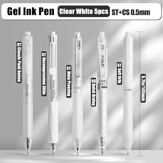 5 Count Pastel Gel Ink Pen Set,Cute Note Taking 0.5mm Fine Point Retractable 5 Count Black Ink Pens for Writing, Journaling, School, Office (White Clear)