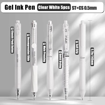 5 Count Pastel Gel Ink Pen Set,Cute Note Taking 0.5mm Fine Point Retractable 5 Count Black Ink Pens for Writing, Journaling, School, Office (White Clear)