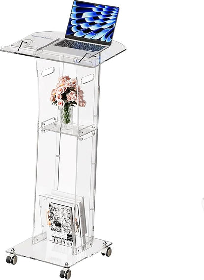 Acrylic Podium Stand，49“ Tall Portable Podium with Lockable Wheels, Clear lecterns & Podium with Storage Shelf for Classroom, Pulpit Podium for Church,Wedding,Presentation