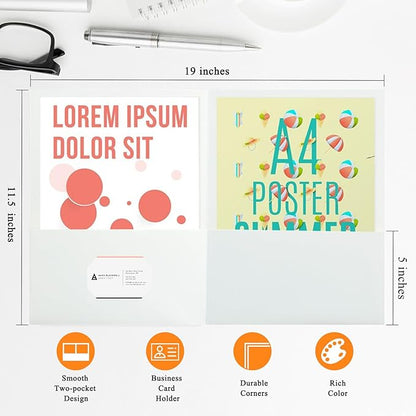 25Pcs White File Folders with Pockets and Business Card Holder,2 Pocket Folders for School,Home or Office,Durable Heavy Duty File Folders