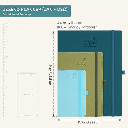 BEZEND 2026 Planner Weekly and Monthly (8.5" x 11") Daily Calendar with Half-Hourly Timeslots & Tab (Jan-Dec) Note & Expenses, Pen Holder, Inner Pocket, Vegan Leather Hardcover - Cornflower