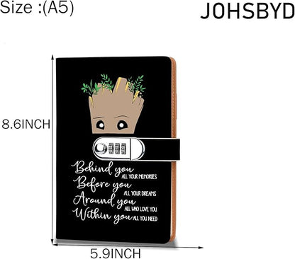 Funny Groot Gifts Leather Combination Lock Notebook Always Remember You’re Braver Than You Believe Leather Locked Journal Notebook Birthday Gifts for Daughter Son (behind you)