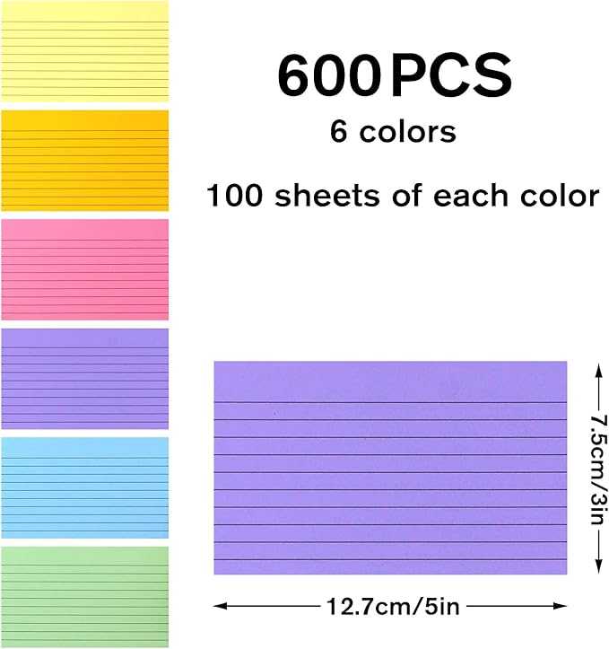Bignc 600 Sheets Index Cards Colored, 3 X 5 Inch Ruled Color Note Cards for School, Home & Office, Multi Colors Flashcards, Colorful Notecards,Pink Index Card Ruled, Purple Lined Flash Cards
