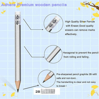 Adhere 25pcs Golf Pencils with eraser Hexagon Wooden Pencils Graphite 2B for Golf Event Scoring,Classroom,Wedding,Company Meetings,Pew, Pocket (Silver)