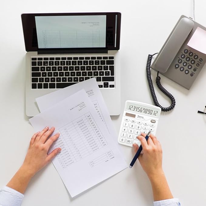 2PC White Calculator, Solar Battery Dual Power Calculator,Desktop Calculator 12 Digit with Large LCD Display, White Office Supplies with Sensitive Button, White Desk Accessories, School Supplies