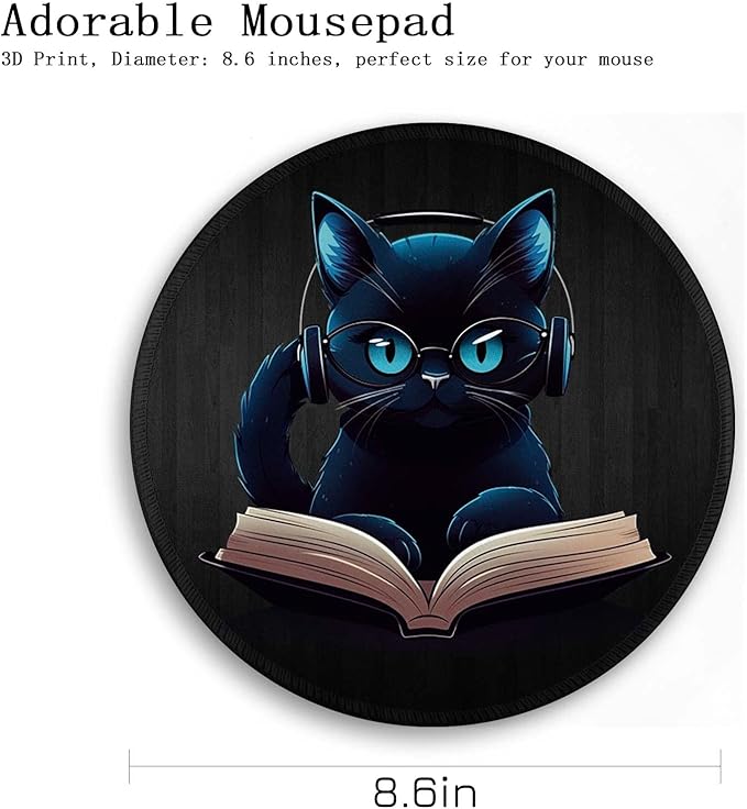 Gctriki Black Cat Round Mouse Pad for Desk Gaming Office Laptop, Funny Small Computer Mousepad with Stitched Edge Non-Slip Rubber Base, Cute Cat Office Decor Desk Accessories Supplies