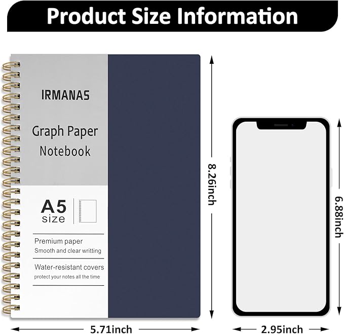 Graph Paper Notebook, 4 Pack Journal Spiral Graph Grid Notebooks 5.7" x 8.3", 640 Pages, Cute School Supplies Notebooks for Work, Aesthetic Gift Office Supplies for Study and Notes