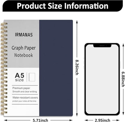 Graph Paper Notebook, 4 Pack Journal Spiral Graph Grid Notebooks 5.7" x 8.3", 640 Pages, Cute School Supplies Notebooks for Work, Aesthetic Gift Office Supplies for Study and Notes