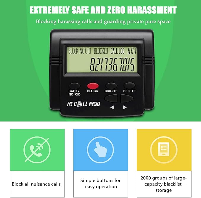 Call Blocker for Landline Phones,2000 Groups Large Capacity Prevent Harassment Caller ID Box,Home Phone Auto Call Block with LCD Display,Scam Call Blocker for Home Phones,for Answering Machine