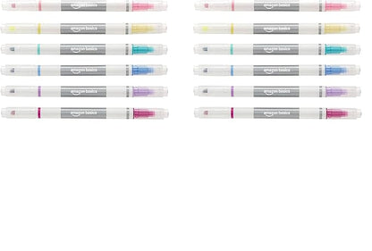 Amazon Basics Erasable Highlighters Assorted Colors, Dual Tip, 12-Pack, Office and School Supplies for Note-Taking