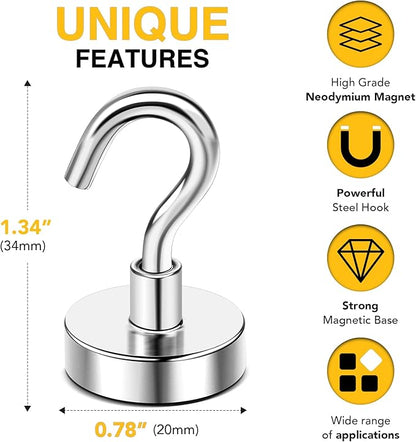 DIYMAG Magnetic Hooks, 50 LB Heavy Duty Magnet with Hooks,20 Packs Strong Rare Earth Neodymium Magnet Hooks for Hanging, Magnetic Hanger for Curtain, Home, Kitchen, Workplace