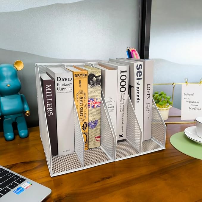 2 Set Desk Organizers, Metal Desk Magazine File Holder and 1 Pen Holder, 2 Compartments Mesh File Holder, Mesh Desktop Organizer and Storage (white)