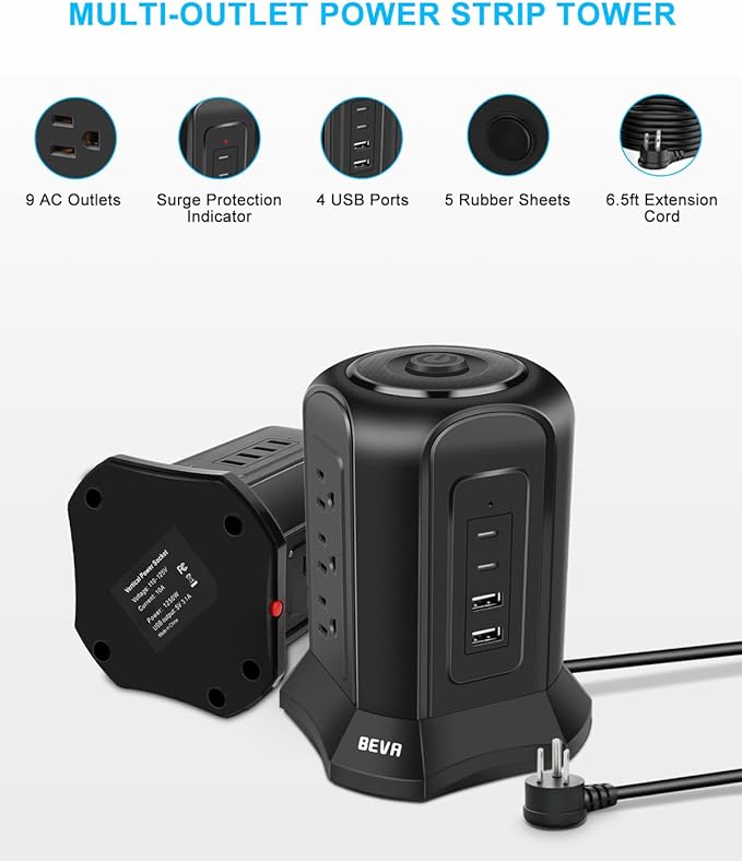 BEVA Tower Surge Protector Power Strip, Desk Charging Station with 9 AC Outlet and 4 USB Ports, 18AWG 6.5 FT Extension Cord, 3-Prong Flat Plug, Multiple Outlets for Office Dorm Apartment Essentials
