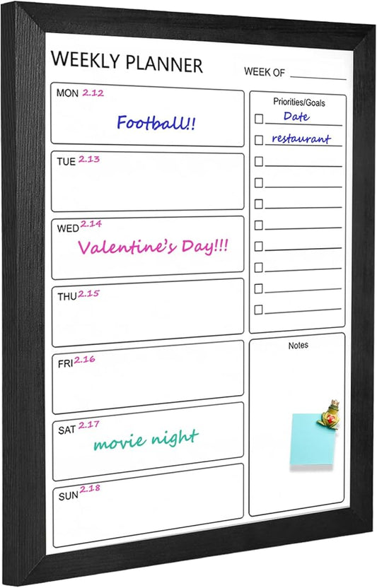 Dry Erase White Board Weekly Calendar Board, Magnetic Whiteboard for Wall,18“x24 Solid Wood Black Framed Message Board, Planner Board for Office, Home, School（Weekly-BB-BK-4560