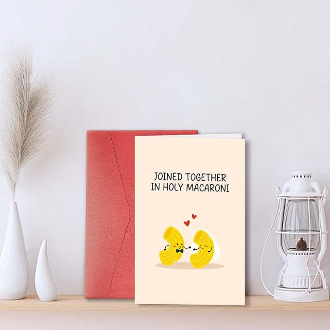 Cute Macaroni Pun Engagement Card, Funny Wedding Card for Bride and Groom, Wedding Gift Card for Newlyweds, Bridal Shower Card for Him Her, Joined Together in Holy Macaroni