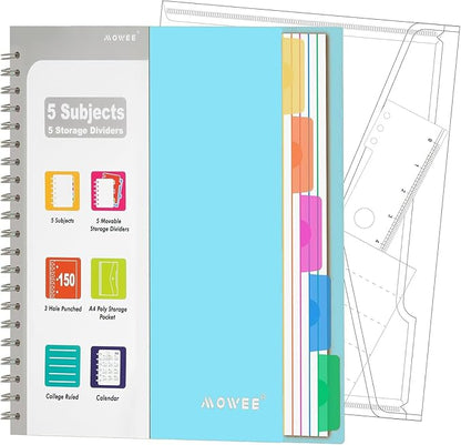 5 Subject Notebook - Spiral Notebook, College Ruled Notebook with Dividers Pocket, Tabs, 11" Ruler, 300 Pages, for Writing Journal, Home & Office, School Supplies (8.5 * 11Babyblue)