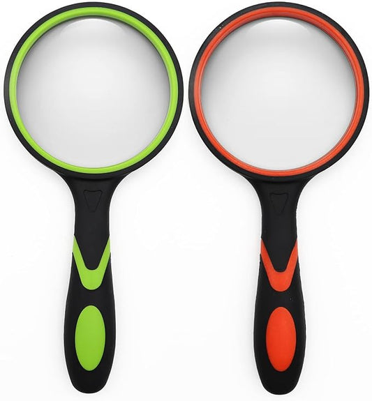 2 Pack 75mm 10X Handheld Magnifying Glass,Rubber Reading Magnifier for Kids Seniors, Suitable for Hobbies and Science