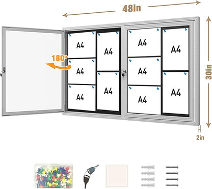 48"x30" Enclosed Bulletin Board, Outdoor Lockable Weather-Resistant Aluminum Cork Noticeboard for School & Office, Silver Frame w/Black Flet