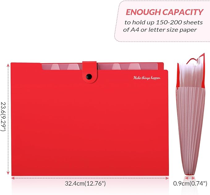 SKYDUE 8 Pockets Expanding File Organizer, Expandable File Folders with Pockets, Portable Document Paper Organizer, A4 Letter Size Filing Folder, Snap Closure, Red