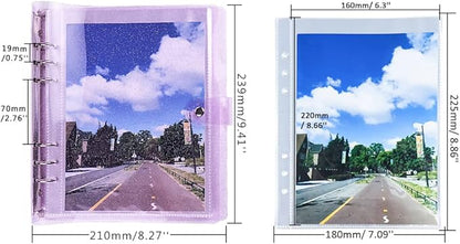 Purple Giltter PVC Kpop Photocard Binder Loose Leaf 6-Ring Wide A5 Photocards Holder with 8 Inch 50 Pockets Photo Pages Transparent Card Sleeve Protectors Page for Photos Cards Album Folder Organizers
