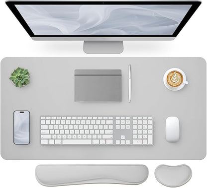 Bloss Leather Desk Pad and Keyboard Wrist Rest, Large Mouse Pad + Keyboard Pad+Mouse Wrist Support, Non-Slip Desk Mat Protector for Office, Home(31.5×15.7 Inches, Light Grey)