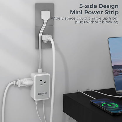 Short Power Strip 9 inch, TESSAN Flat Plug Small Extension Cord with 3 Outlet Extender 3 USB (1 USB-C) Ports, Desk Power Strip for Cruise Travel Office School Dorm Room Essentials
