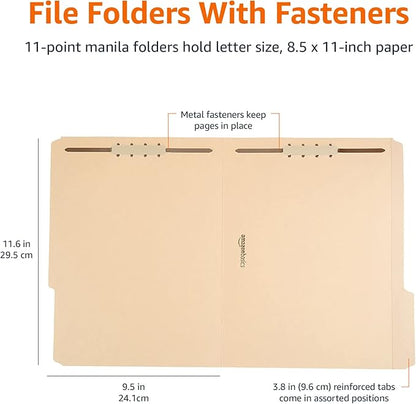 Amazon Basics Manila File Folders with Fasteners, Letter Size, 100-Pack, Light Brown