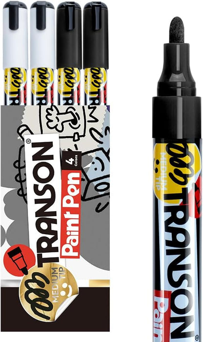 TRANSON 2 Black and 2 White Paint Markers for Fabric Rock Craft Diy Painting Medium Tip Oil Based Waterproof