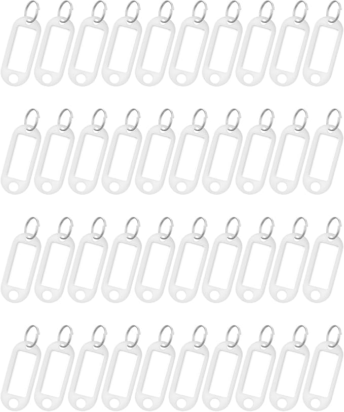 Uniclife 40 Pieces Key Tags 2 Inch Soft Plastic Key Chain Tags with Blank Paper Labels Clear Windows Protective Films and Split Rings Flexible Item Identifiers, White