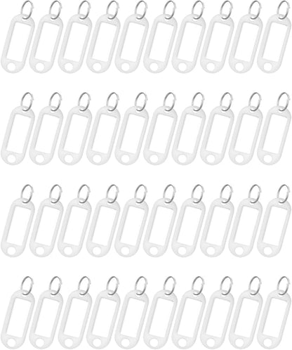 Uniclife 40 Pieces Key Tags 2 Inch Soft Plastic Key Chain Tags with Blank Paper Labels Clear Windows Protective Films and Split Rings Flexible Item Identifiers, White