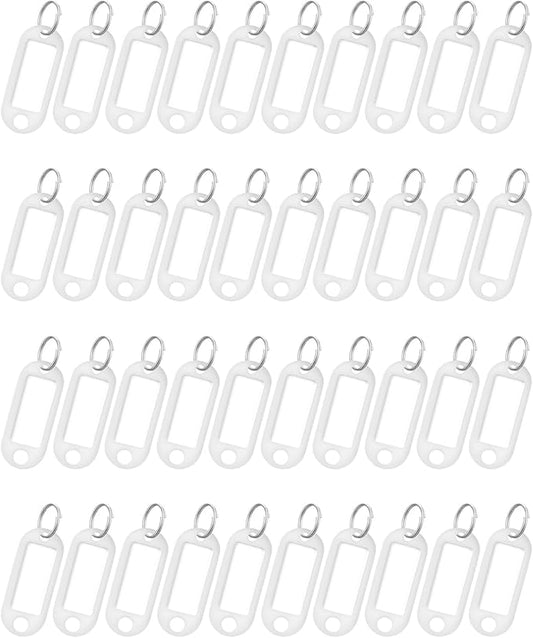 Uniclife 40 Pieces Key Tags 2 Inch Soft Plastic Key Chain Tags with Blank Paper Labels Clear Windows Protective Films and Split Rings Flexible Item Identifiers, White