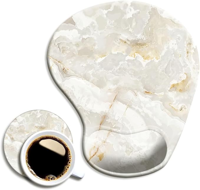 Ergonomic Mouse Pad with Wrist Support and Coaster,Mouse Pads with Non-Slip PU Base for Home Office Working Studying Easy Typing & Pain Relief Ivory Gold