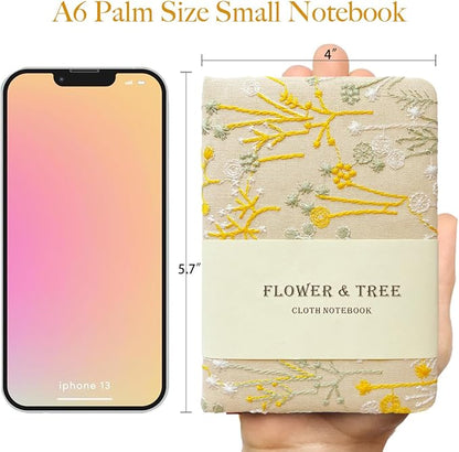 Embroidered Pocket Notebook for Women, A6 Mini Cloth Journal, Hardcover, 264 Pages, 4x6 Small Lined Notebook & Sketchbook, Beautiful Diary, Little Notepad, Apricot Yellow.