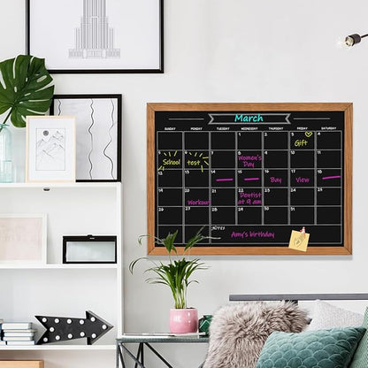 Calendar Chalkboard, 23.6" * 31.5", Magnetic Surface Rustic Brown Solid Pine Wood Frame Chalk Board for Planning/School Timetable/Memo, Hanging Board for Office, School and Home(YLHB-QZ-6080)