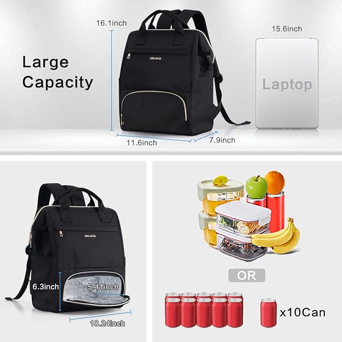 OIWAS Lunch Backpack for Women, 15.6 inch Laptop Backpack Insulated with USB Port, Work Backpack with Insulated Cooler Lunch Bag for Men Travel Work Travel Picnics Hiking, Black