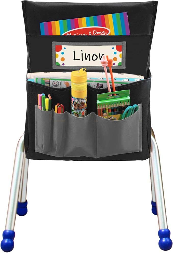 Black Chair Back Pocket School Seat Chair Storage Pocket Organizer with Label Slot Multiple Pockets for School Home Classroom Preschool Daycare