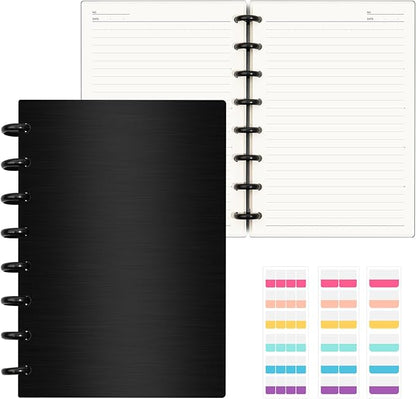 Discbound Notebook, 8-Disc Disbound Planner with Removable Pages, 180 Pages Spiral Notebook, Poly Cover Discbound Planner for Work, Travel, Note Taking(With Index Sticker),Black, A5