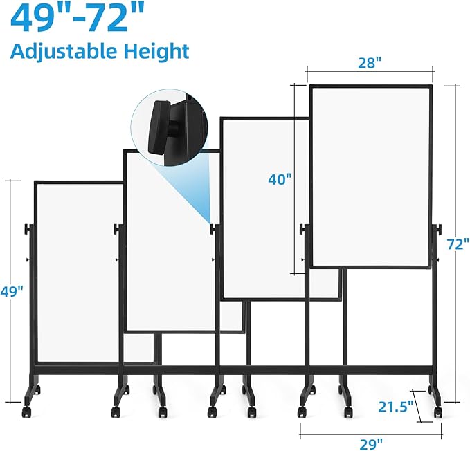 Rolling Mobile Whiteboard, 40 x 28 inches Double Sided Height Adjust Whiteboard Easel on Wheels, Reversible Magnetic Dry Erase Board with Stand for Office, Home, Classroom, Black