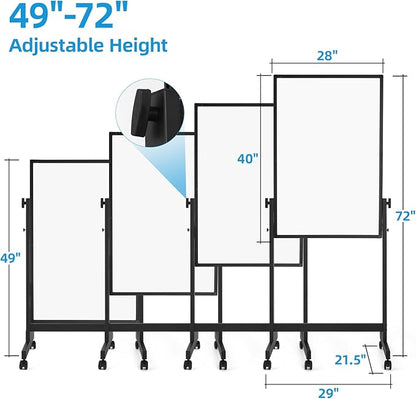 Rolling Mobile Whiteboard, 40 x 28 inches Double Sided Height Adjust Whiteboard Easel on Wheels, Reversible Magnetic Dry Erase Board with Stand for Office, Home, Classroom, Black
