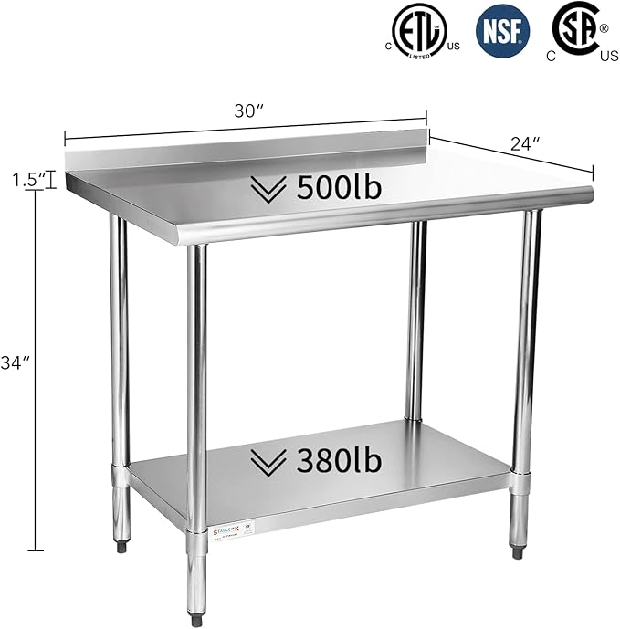 STABLEINK NSF Stainless Steel Table, 24 x 30 Inches Metal Prep & Work Table with Backsplash, Adjustable Undershelf and Table Foot, for Commercial Kitchen, Restaurant (Without Caster Wheels)