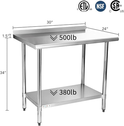 STABLEINK NSF Stainless Steel Table, 24 x 30 Inches Metal Prep & Work Table with Backsplash, Adjustable Undershelf and Table Foot, for Commercial Kitchen, Restaurant (Without Caster Wheels)