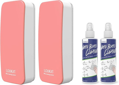 LOUKIN 2 Pack Magnetic Dry Erase Eraser, Whiteboard Eraser, Glass Board Eraser(Pink), 3.4 fl oz Whiteboard Cleaner * 2 Included, for Classroom, Home and Office Use