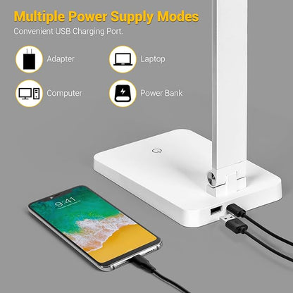 LED Desk Lamp for Home Office, 3 Levels Dimmable Desk Light with USB Charging Port, Small Study Lamp, Reading Light for Table, White, 5000K