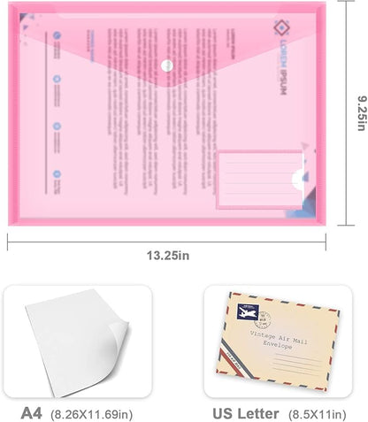 10 Pack Plastic File Folders with Label Pockets - US Letter & A4 Size Clear Document Envelopes, Assorted Color Poly Organizers for Office School Supplies