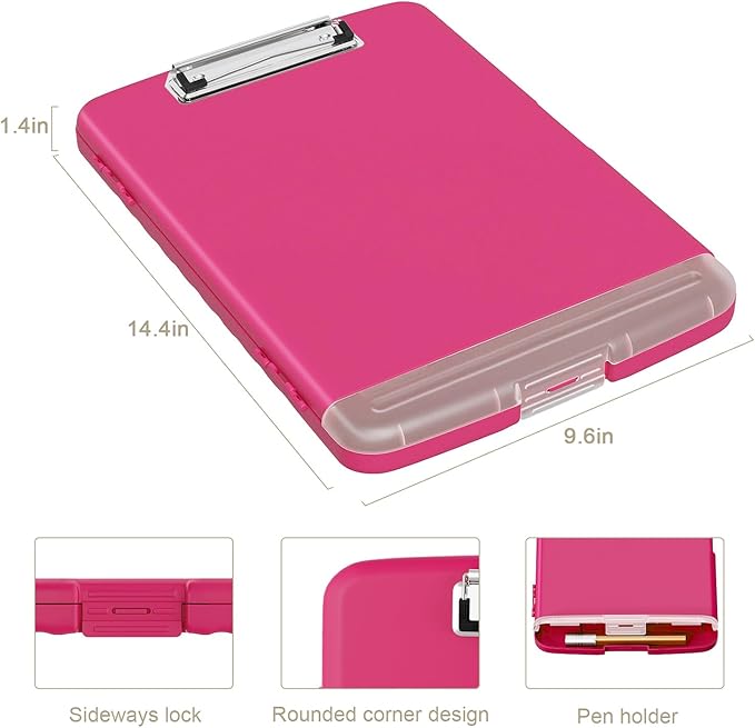 Piasoenc Clipboard with Storage, 8.5 x 11 Organization Box with Pen Holder and A4 Legal Paper Folder, Heavy Duty Plastic, Folio & Side-Opening, Low Profile Clip for Nurses, Teachers, Red